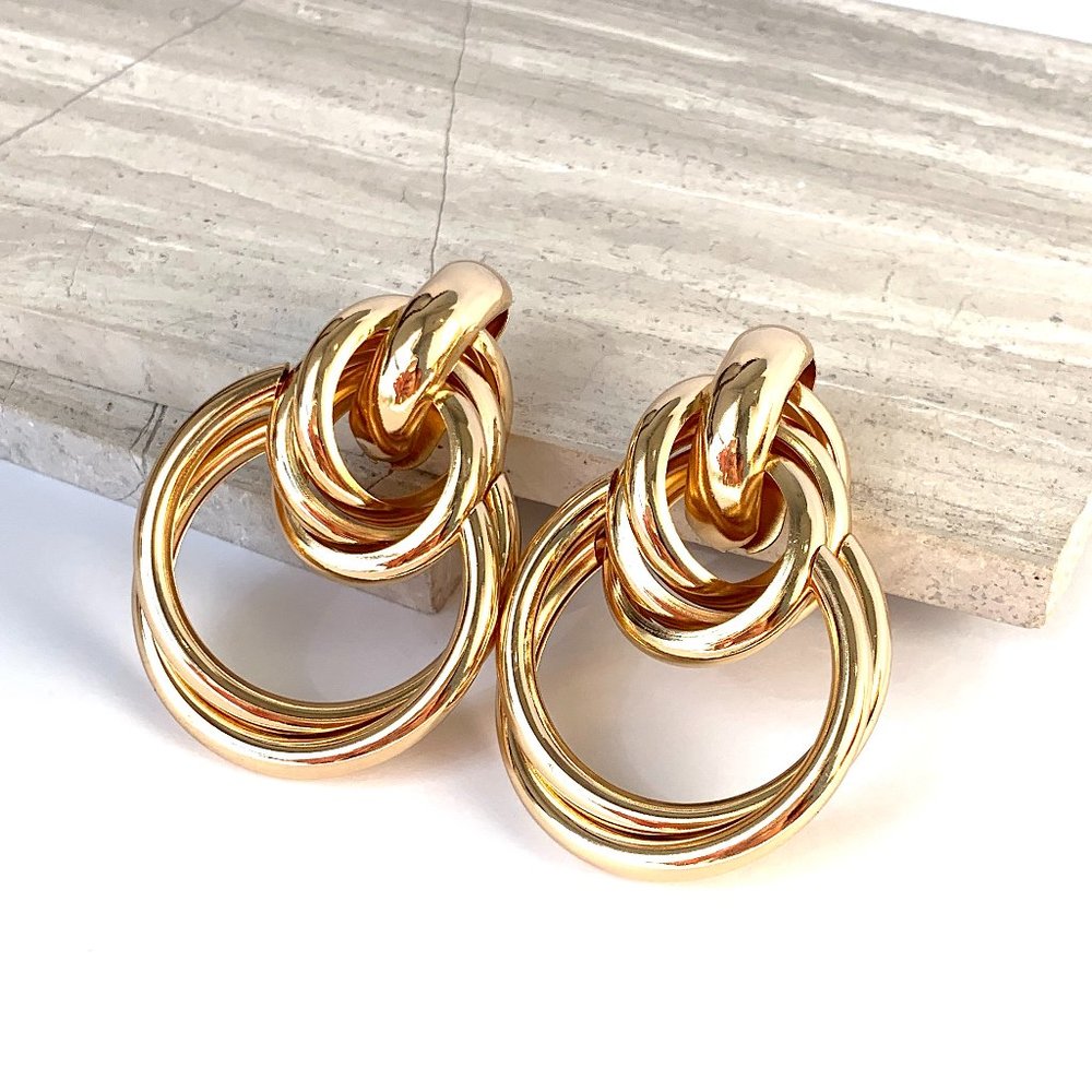 Anthropologie "Layered Link Drop" Gold Hoop Earrings - Picture 3 of 8